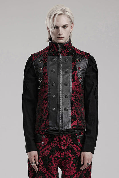 Black/red Stand Collar Jacquard Print Stitching Metal Ring Decoration Gothic Vest