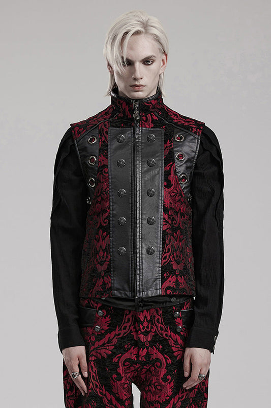 Black/red Stand Collar Jacquard Print Stitching Metal Ring Decoration Gothic Vest