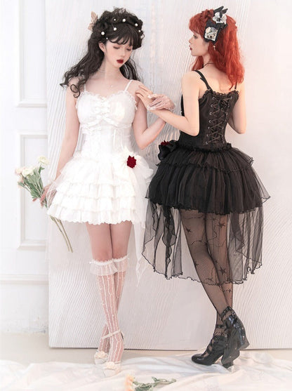 Rose Ribbon Tulle Lace Up Tiered Cami Dress