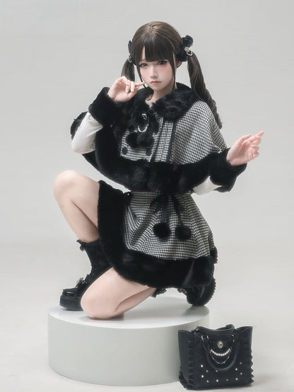 [reservation Deadline February 7th] Retro Check Black Fur Cape + Skirt + Inner Top