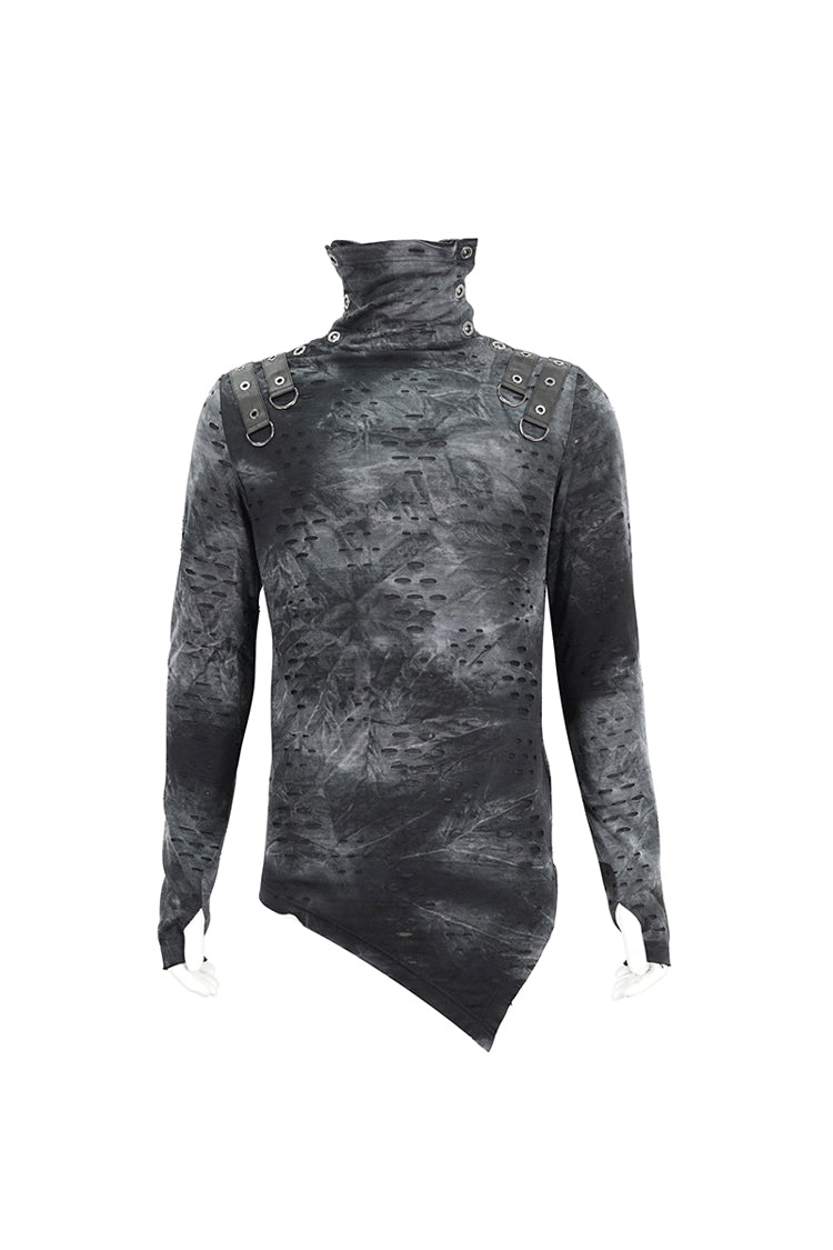 Grey/black Lrregular Ripped Stand Collar Punk Shirt