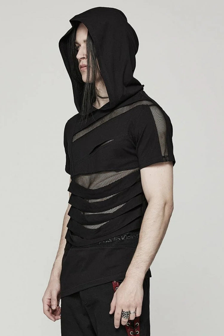 Black Short Sleeves Stitching Hooded Mesh Ripped Steampunk T-shirt