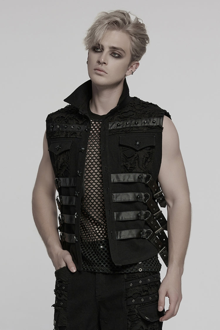 Black Stitching Mesh Rivet Buckle Punk Vest