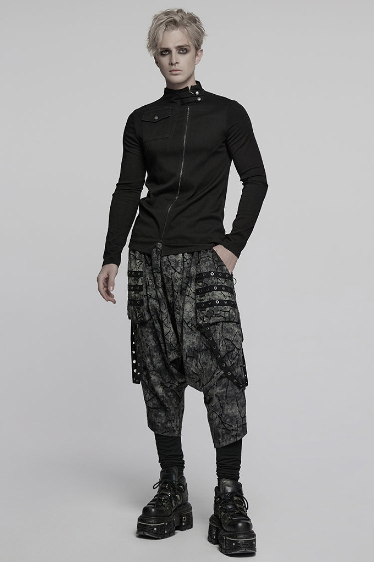 Black Stand Collar Long Sleeves Asymmetric Zipper Punk Blouse