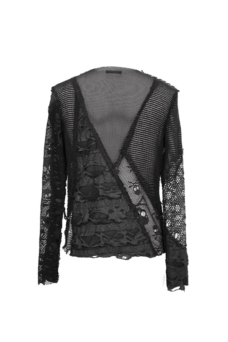 Black a Variety of Mesh Materials Stitching Unedged Broken Holes Round Collar Punk T-shirt