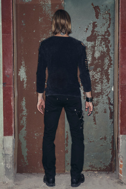 Black Punk Rock Broken Holes Long Sleeves Skull Nail Knitted T-shirt