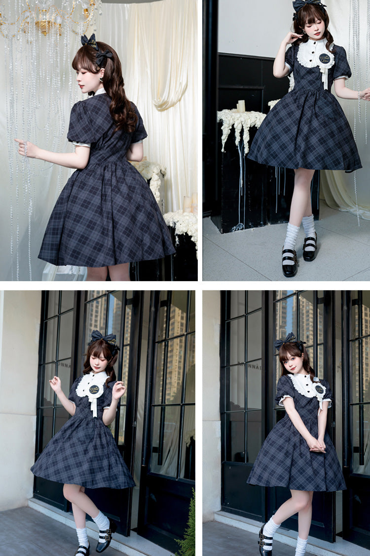 Showa Summer Plaid Print Daily Short Sleeves Classic Princess Lolita Dress 2 Colors