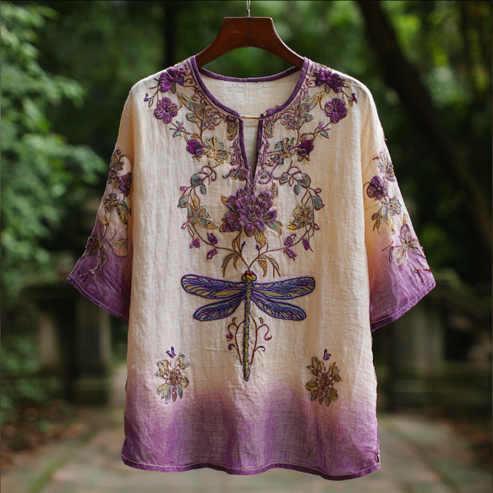 Dragonfly Pattern Embroidered Flower V-neck Short-sleeved Shirt elevenforest