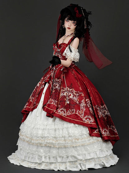 [pre-order Deadline: May 3] Red White Corset Lace Ribbon Lolita Jks Princess Dress + Complete Set