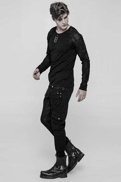Black Long Sleeves Metal D-buckle Ripped Steampunk T-shirt