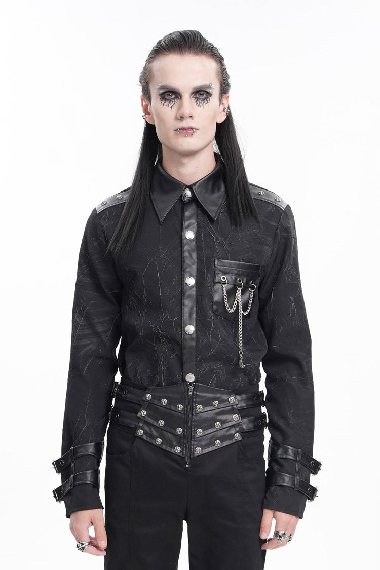 Black Lapel Collar Long Sleeves Buckle Chain Gothic Blouse