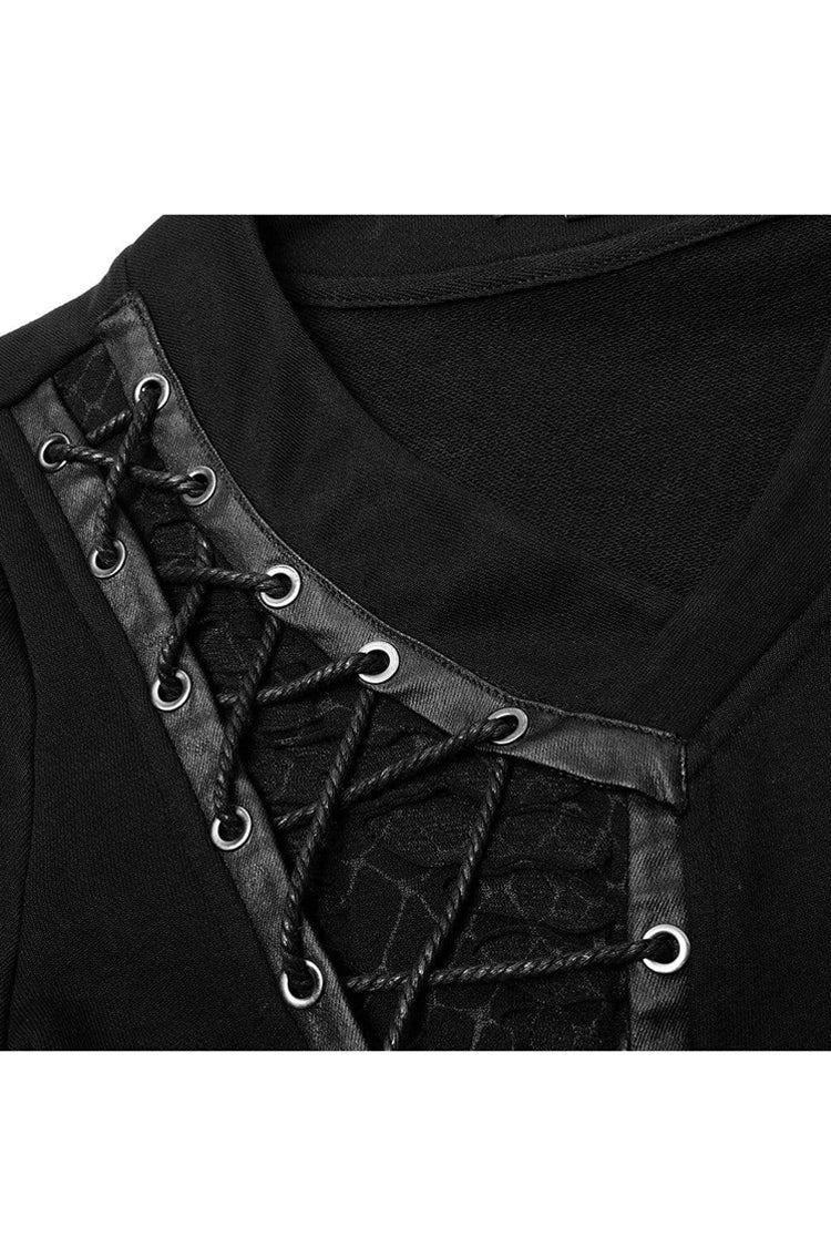 Black Long Sleeve Knit Front Splice Imitation Leather Lace Up Punk T-shirt