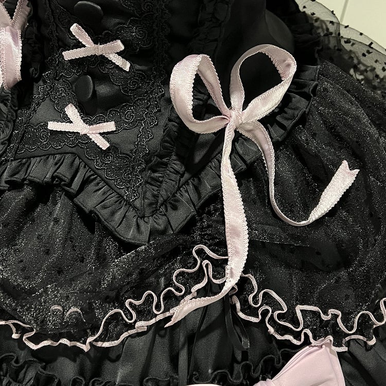 [order Deadline: May 12] Black Purple Lolita Idol Ribbon Puff Sleeve Shirt + Corset Tulle Pull-up Jks Dress Set