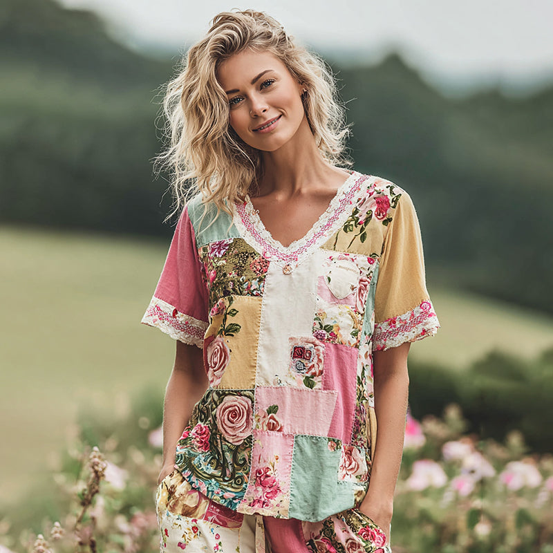 Women's Holiday Embroidered Floral Patchwork T-shirt elevenforest
