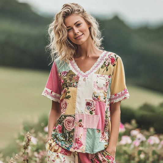 Women's Holiday Embroidered Floral Patchwork T-shirt elevenforest