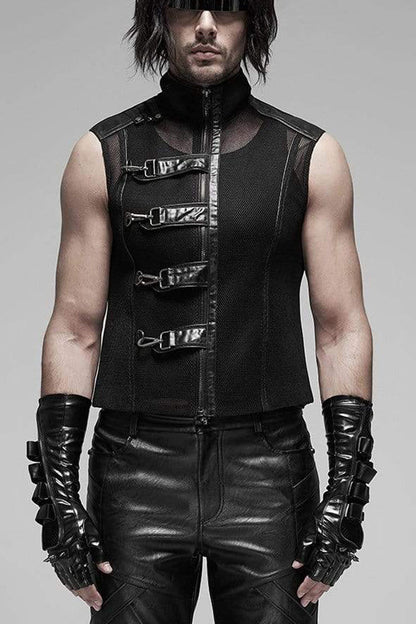 Black Punk Rough No Elasticity Woven Mesh Metal Buckle Belts Decoration Perspective Sleeveless Metal Zipper Vest