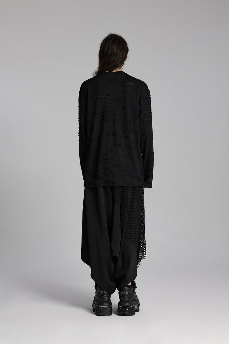 Black Round Collar Long Sleeves Ripped Mesh Punk T-shirt