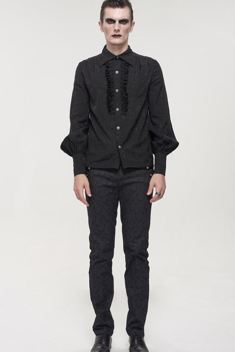 Black Gothic Metal Pattern Buckle Long Sleeve Pleated Lace Lantern Shape Printing Pattern Shirt