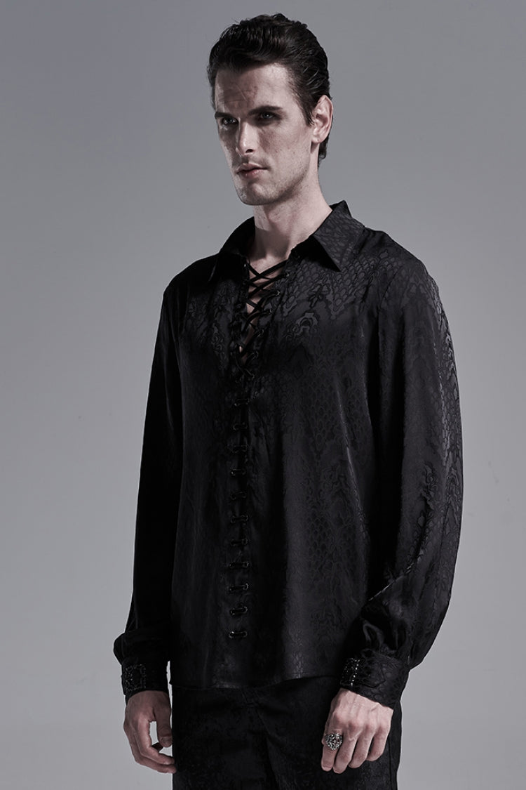 Jacquard Long Sleeve Front Metal Eyelets Lace Up Metal Carving Buckle Cuff Gothic Shirt 3 Colors