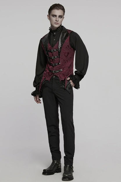 Black/red Lapel V-neck Sleeveless Jacquard Buckle Gothic Vest