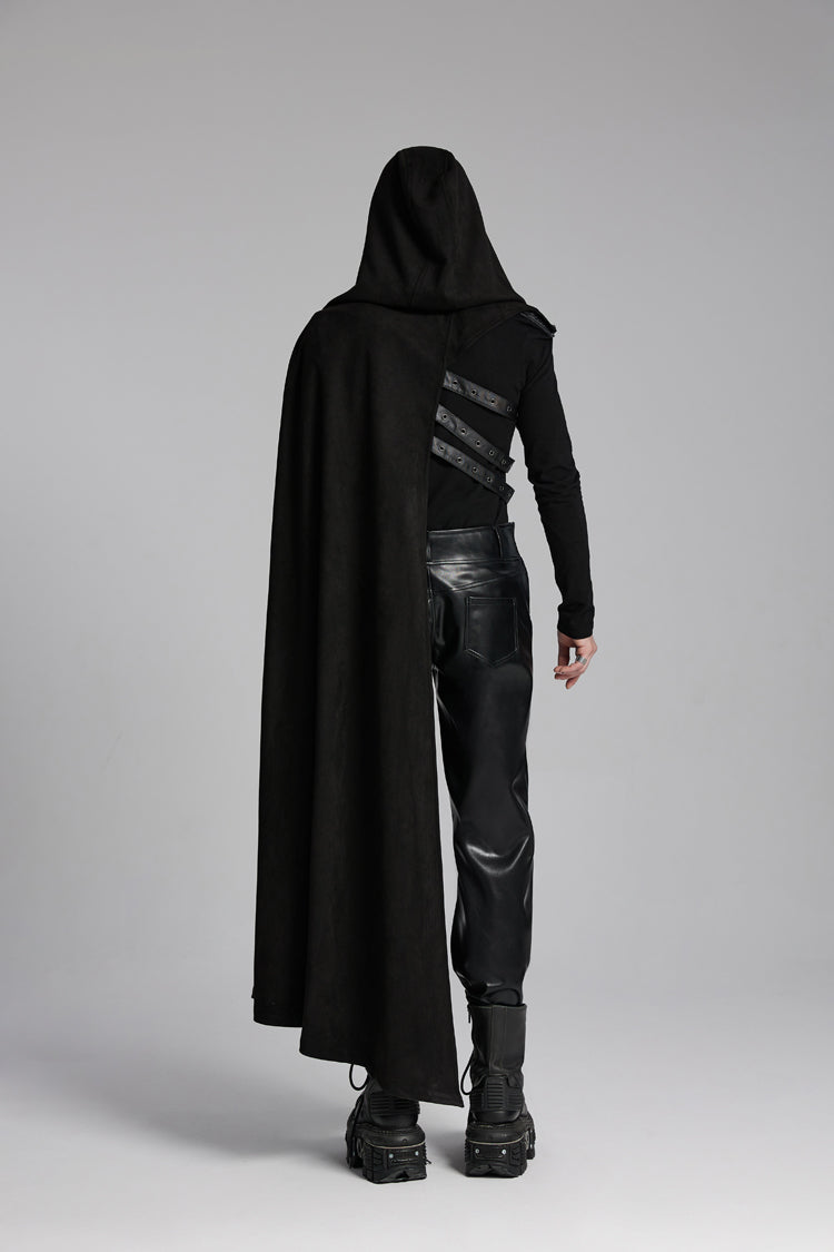 Black Hooded Buckle-up Rivets Punk Cloak