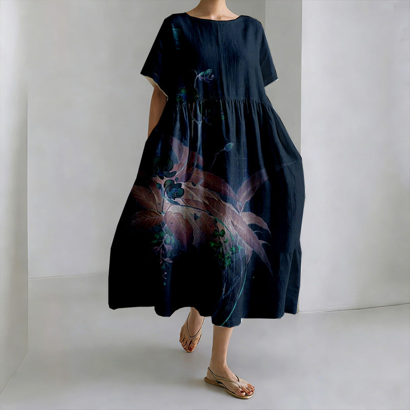 Comstylish Japanese Style Pleated Lily Printed Tie-dyed Dress