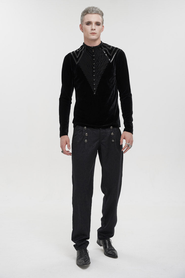 Black Round Collar Long Sleeves Stripes Splice Velvet Gothic Shirt