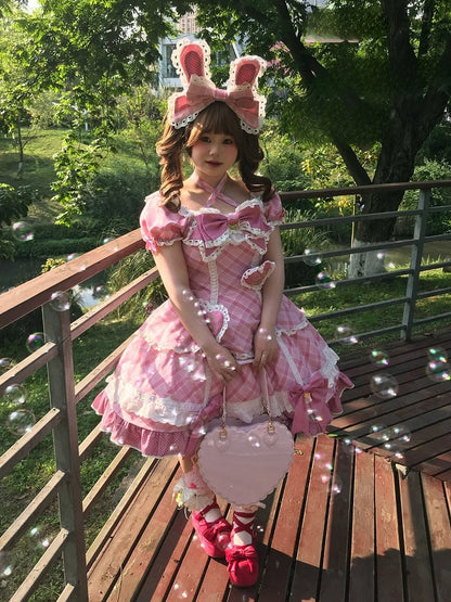 [pre-order Deadline: May 10] Blue/yellow/pink Sweetheart Lolita Ribbon Puff Sleeve Tiered Dress + Bunny Ear Full Set + Cat Ear Full Set