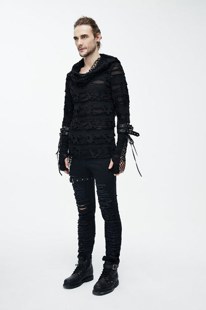 Black Ripped Finger Covered Autumn Hooded Punk T-shirt