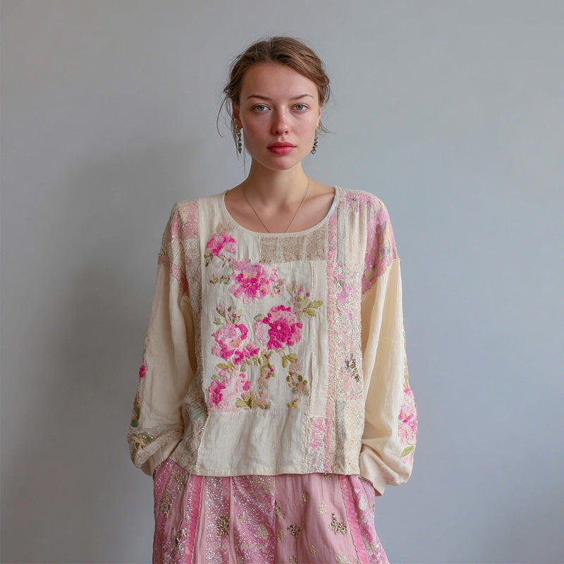 Boho Pink Floral Embroidered Patchwork Linen Shirt elevenforest