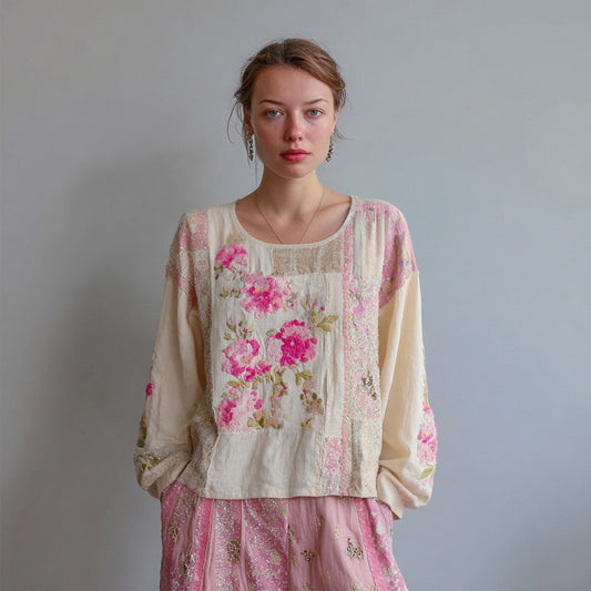 Boho Pink Floral Embroidered Patchwork Linen Shirt elevenforest