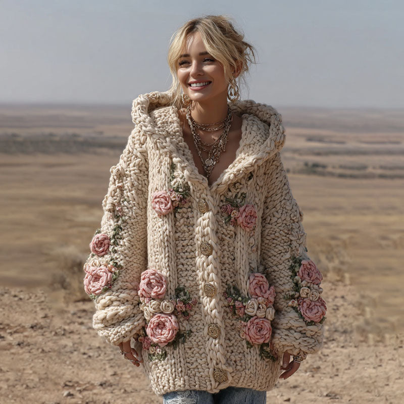 Women's Vintage Pink Floral Art Cozy Knit Hooded Cardigan elevenforest