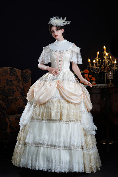 Champagne Stand Collar Multi-layered Ruffled Lace Classic Palace Victorian Lolita Dress