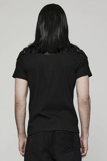 Black Short Sleeves Detachable Shoulder Pad Hollow Steampunk T-shirt