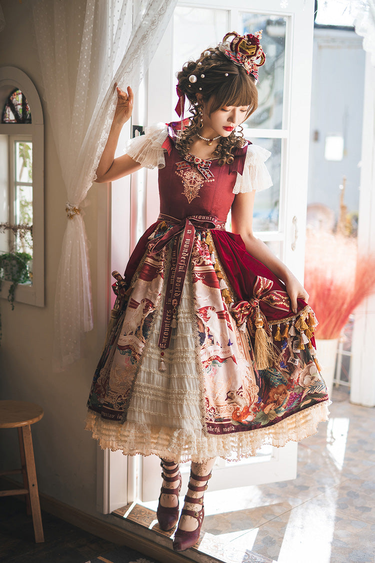 Red [kaleidoscope of Dreams] Flying Sleeves Print Embroidery Cardigan Bowknot Classic Lolita Dress