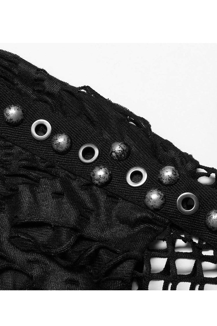 Black Punk Irregular Ripped Mesh Stitching Stretch Loose Knit Short Sleeved T-shirt
