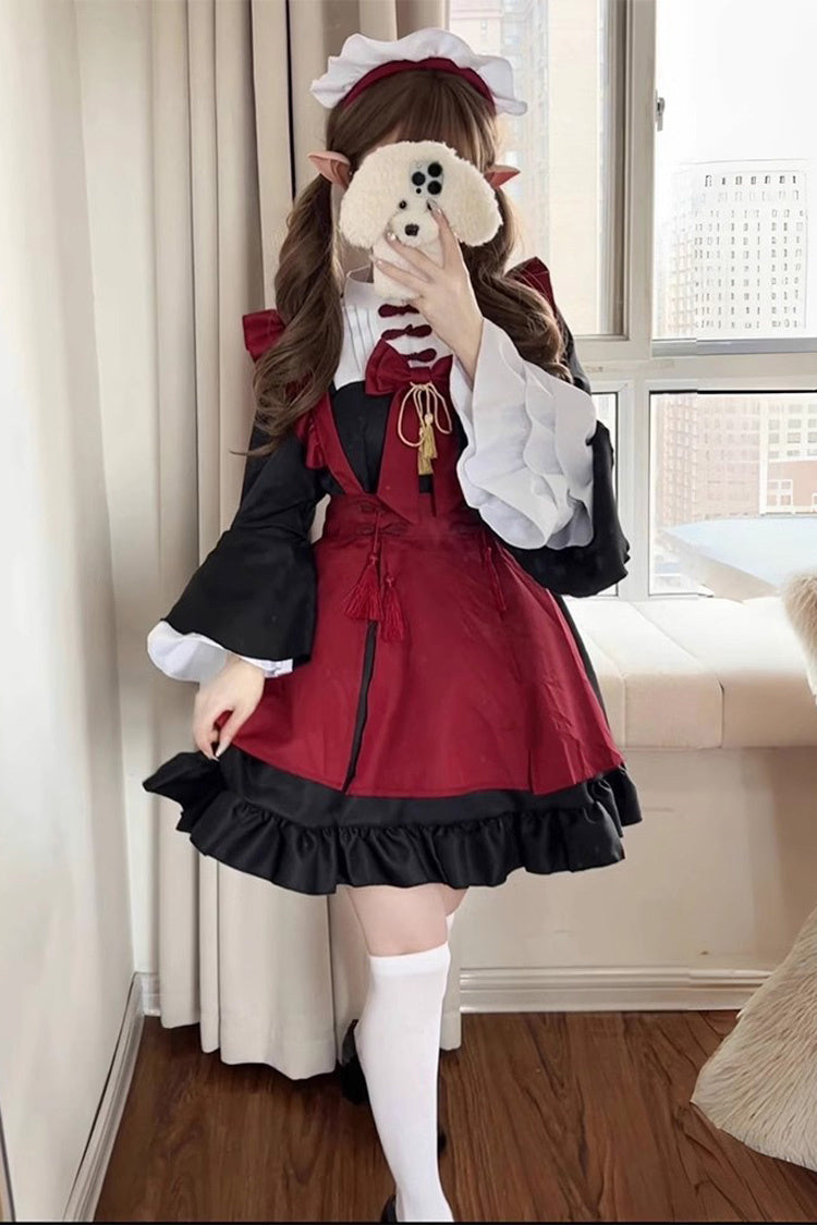Black/red Maid Long Trumpet Sleeves Ruffle Bowknot Classic Chinese Style Lolita Dress Full Set