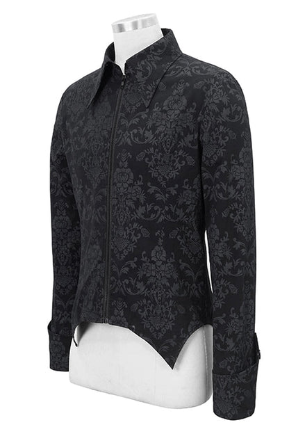 Black Folding Cuffs Palace Printed Zipper Gothic Blouse