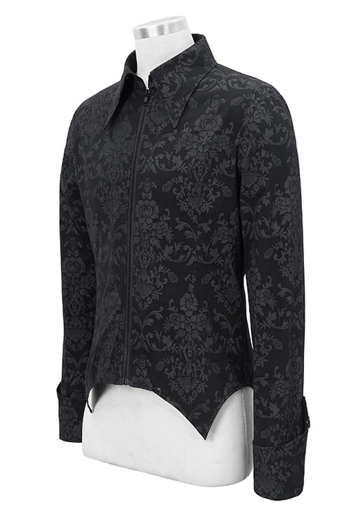 Black Folding Cuffs Palace Printed Zipper Gothic Blouse