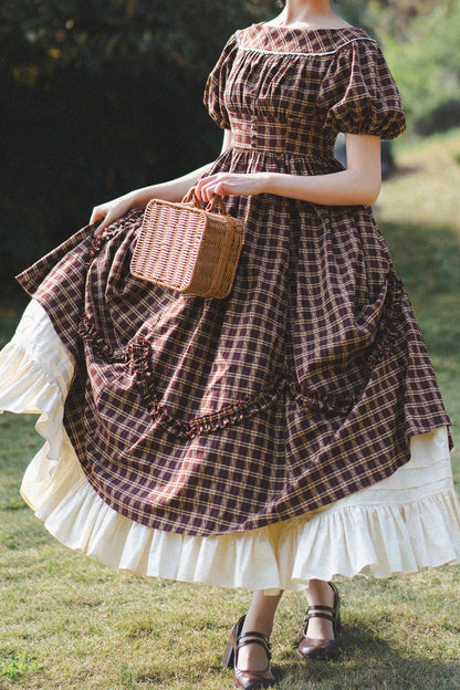 Dark Red [forest Picnic] Boat Neck Short Sleeves Printed Lift-hem Ruffled Classic Lolita Dress