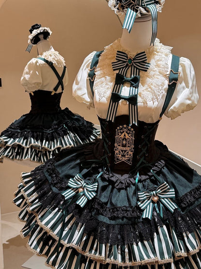 [pre-order Deadline: May 20] Magical Girl Lolita Lace Puff Sleeve Shirt + Black X Green Ribbon Corset Tiered Dress + Mini Hat