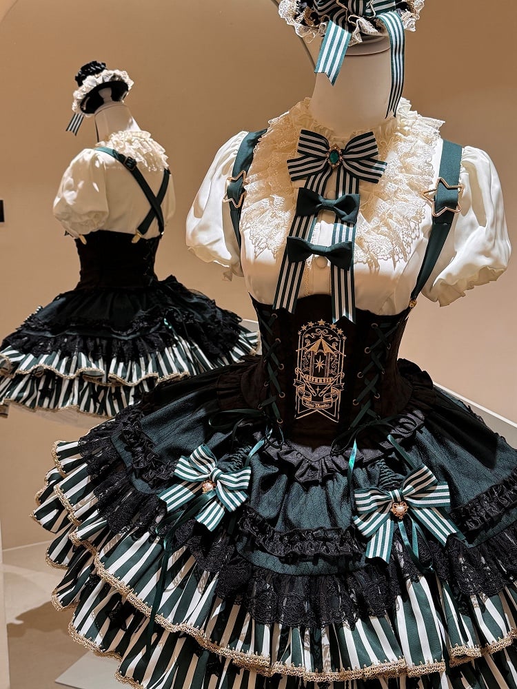 [pre-order Deadline: May 20] Magical Girl Lolita Lace Puff Sleeve Shirt + Black X Green Ribbon Corset Tiered Dress + Mini Hat
