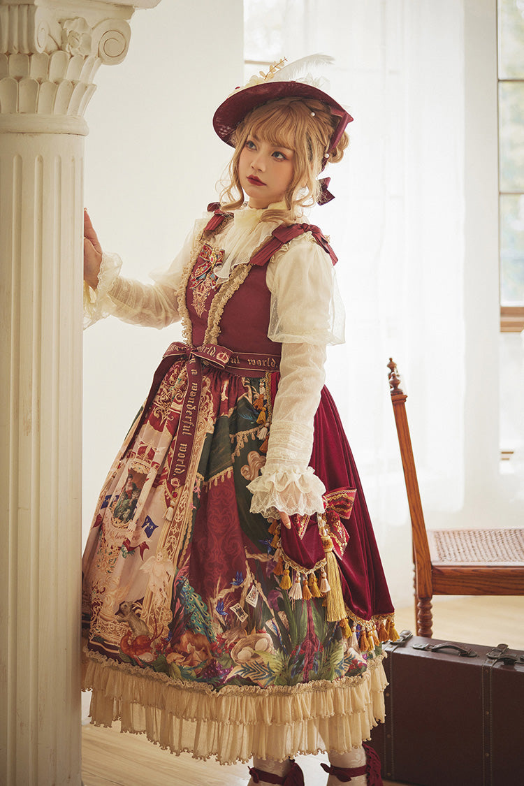 Red [kaleidoscope of Dreams] Sleeveless Double-layered Print Embroidery Bowknot Classic Lolita Jsk Dress