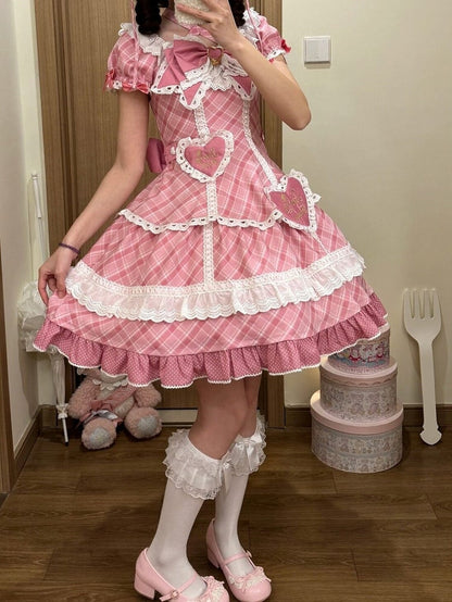[pre-order Deadline: May 10] Blue/yellow/pink Sweetheart Lolita Ribbon Puff Sleeve Tiered Dress + Bunny Ear Full Set + Cat Ear Full Set