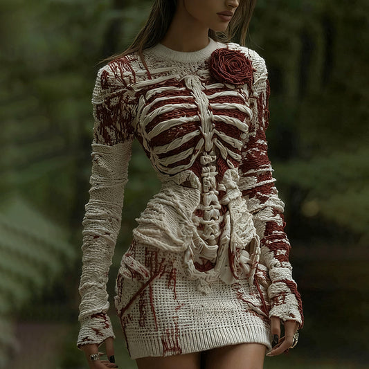 Women's Halloween Muscle Anatomy Bandage With Rose Art Cozy Knit Mini Sweater Dress elevenforest