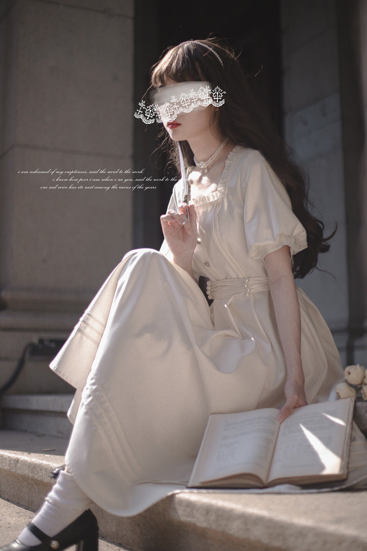Apricot [random Thoughts] Square Collar Short Sleeves Ruffle Classic Lolita Dress