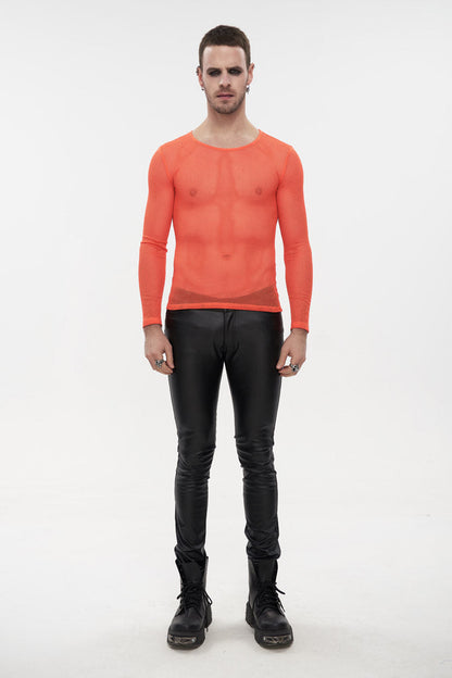 Orange Elasticity High Neck Long Sleeve Mesh Gothic T-shirt