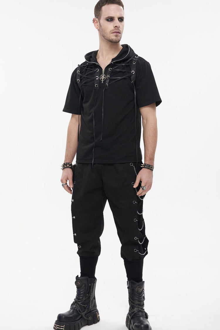 Black Punk Short Sleeve Metal Zipper Lace-up Knit Loose Hooded T-shirt