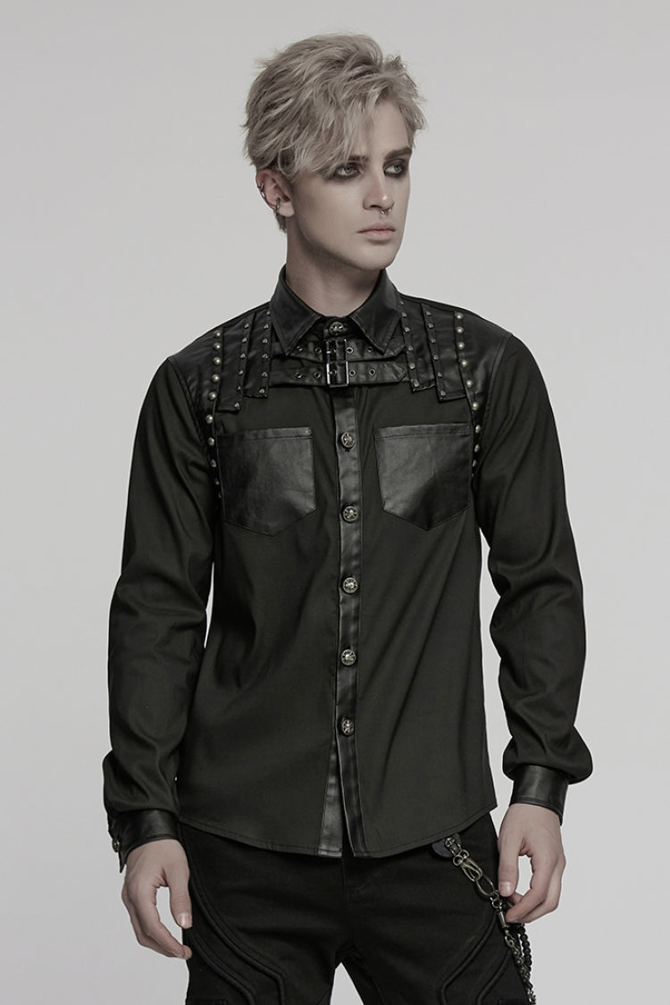 Black Lapel Collar Long Sleeves Faux Leather Stitching Buckle Punk Blouse