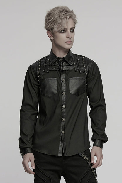 Black Lapel Collar Long Sleeves Faux Leather Stitching Buckle Punk Blouse